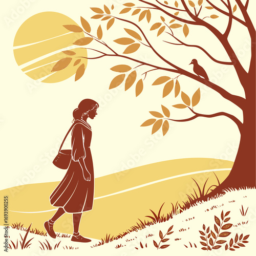 A woman walking under a tree at sunset, creating a peaceful and nostalgic scene, capturing the beauty of nature and the quiet moments of life