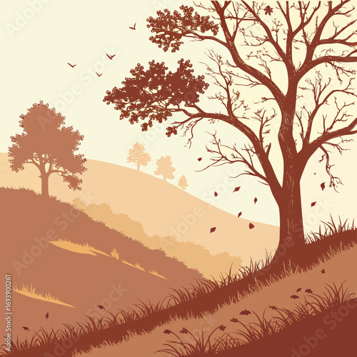 A tranquil landscape illustration depicts a bare tree on a hill, with falling leaves and distant hills, creating a serene and natureinspired scene