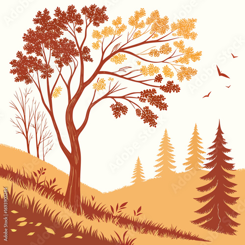 A vibrant landscape illustration showcases a colorful tree on a hill, with evergreen trees and birds creating a lively and natureinspired scene