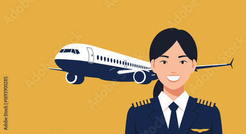 Smiling Female Pilot with Airplane Illustration on Yellow.