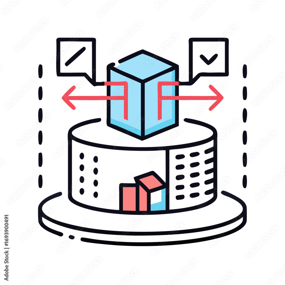 Fototapeta premium Data exchange process with verification illustrated by a central cube and directional arrows