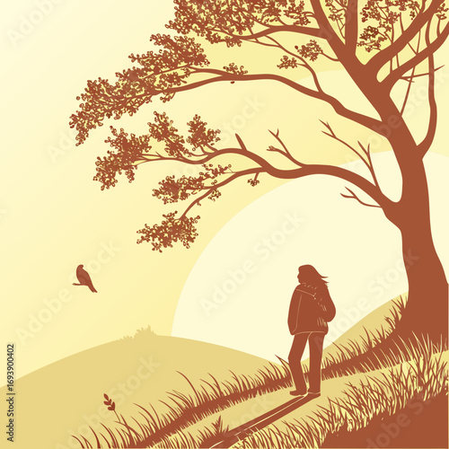 A solitary figure walks along a grassy path towards a tree, a bird perched nearby, bathed in the warm glow of the setting sun