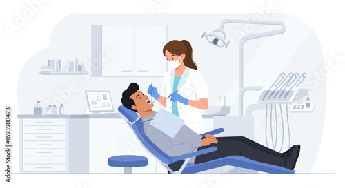 Dentist Examining Patients Teeth in Dental Clinic.