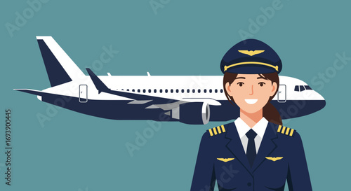 Smiling Female Pilot in Uniform with Airplane.