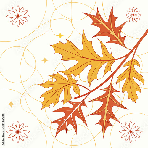 An autumn oak leaf branch with flowers and swirls