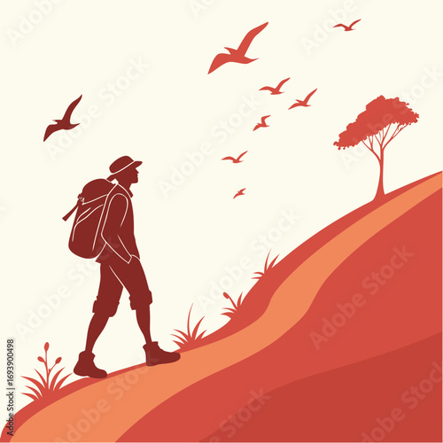 A hiker with backpack walking up hill with birds flying above and a tree on the horizon, symbolizing adventure