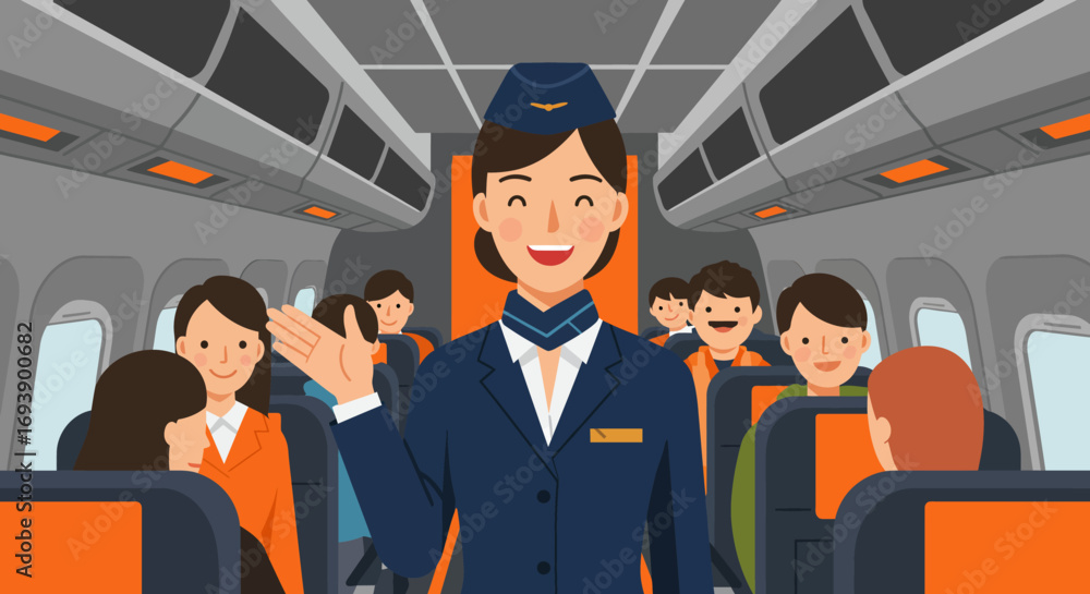Obraz premium Smiling Flight Attendant Welcoming Passengers on Airplane.
