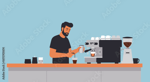 Barista Preparing Coffee with Espresso Machine and Accessories.