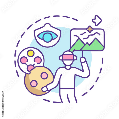Abstract VR Technology Concept With Figure and Virtual Elements on Black Background