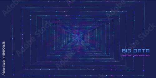 Futuristic background  from 3D wireframe square tunnel with lines connecting data point. Concept big data color grid in dark cyberspace.