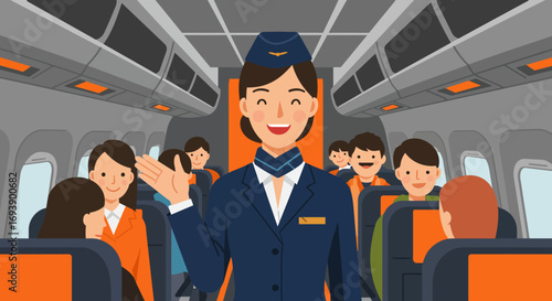 Smiling Flight Attendant Welcoming Passengers on Airplane.