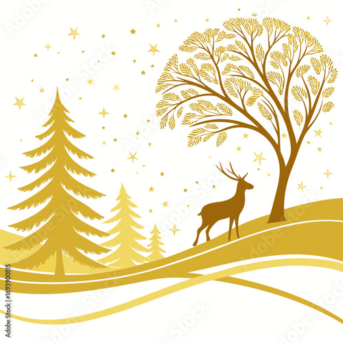 A festive winter illustration of a deer standing under a golden tree, with christmas trees and stars, creating a holiday atmosphere