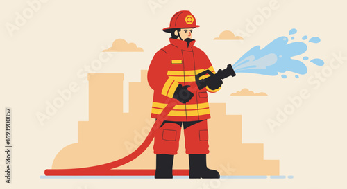 Firefighter in Red Uniform Spraying Water from Hose.