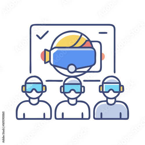 People enjoying virtual reality experience in a presentation room with headset display and simulation