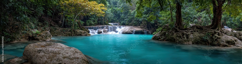 Naklejka premium Wide, calming shot of a tiered waterfall flowing into a vibrant, turquoise pool surrounded by verdant jungle growth