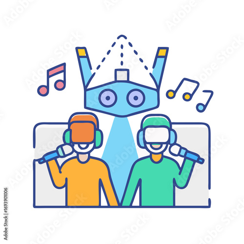 Virtual reality karaoke duet with robot host against a dark black background