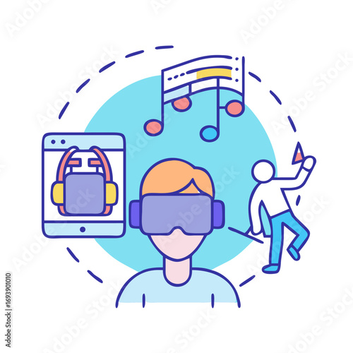 Virtual reality experience with music and drawing in a circular composition style