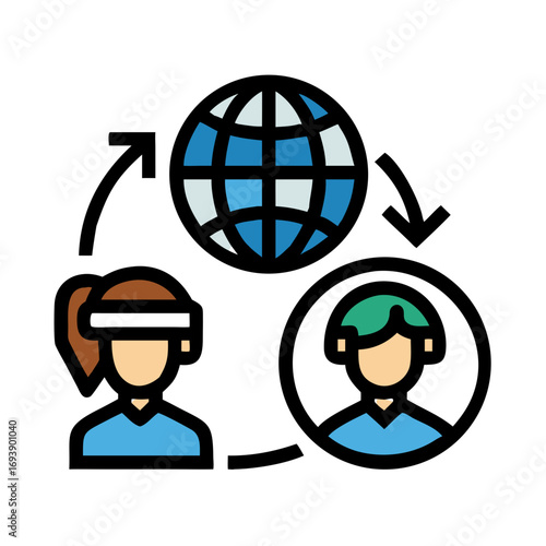 Global Connection: Two People Connected Through a Globe Depicted in a Minimalist Style