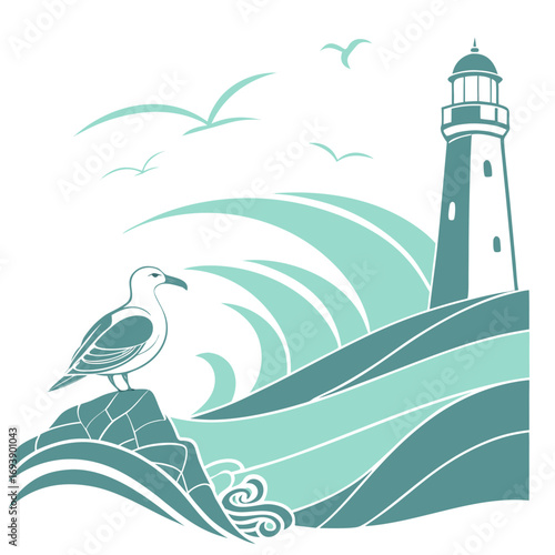 Illustration of a lighthouse on a rocky coast with a seagull perched on a rock, ocean scene with waves and birds