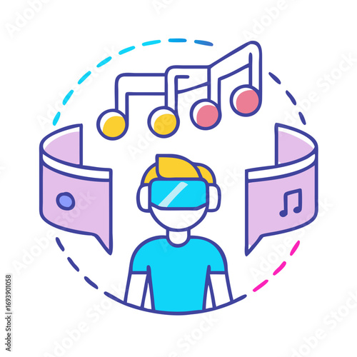 Virtual reality music experience with headset and floating notes in a stylized depiction