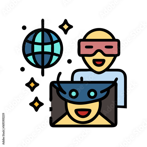 Cartoon image depicting virtual reality and metaverse technology, including avatars and digital environments