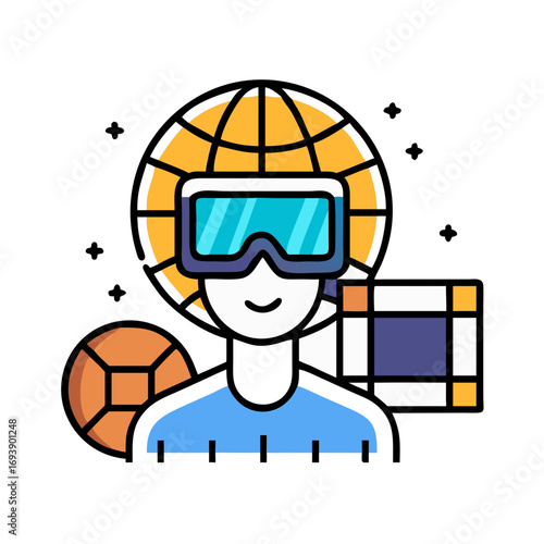 Flat Vector Illustration: Person Using Virtual Reality Headset with Globe and Cubes
