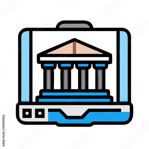 Online Banking: Icon Depicting Bank Building on a Laptop Screen