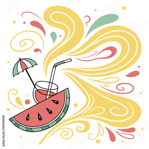 A refreshing watermelon cocktail with a straw and umbrella, swirled with vibrant colors, , evoking a summery and playful vibe