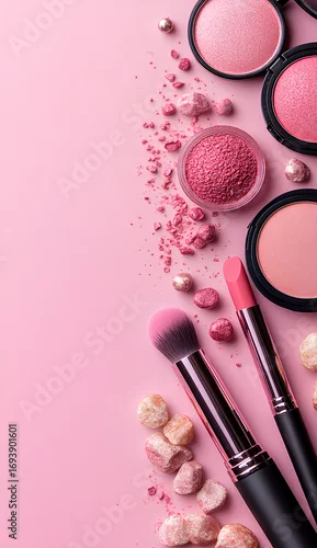 Obraz Flat lay of pink makeup products on matching background with brushes and lipsticks
