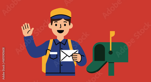 Cheerful Cartoon Mail Carrier Delivering Letter and Mailbox.
