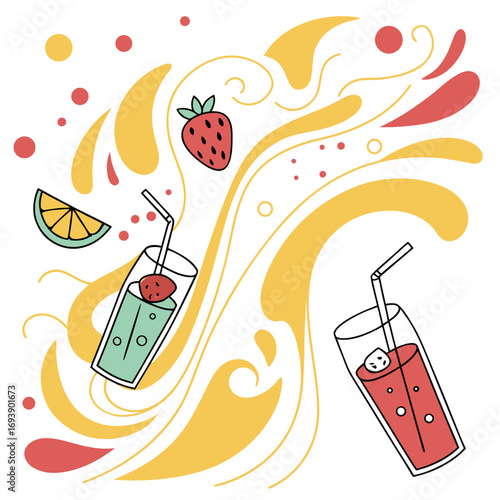 Refreshing summer drinks with strawberry and orange two glasses with juice and fruits surrounded by splashes and dots