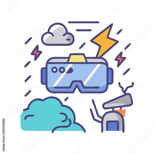 Cartoon illustration of a VR headset, robot, clouds, and lightning on a black background