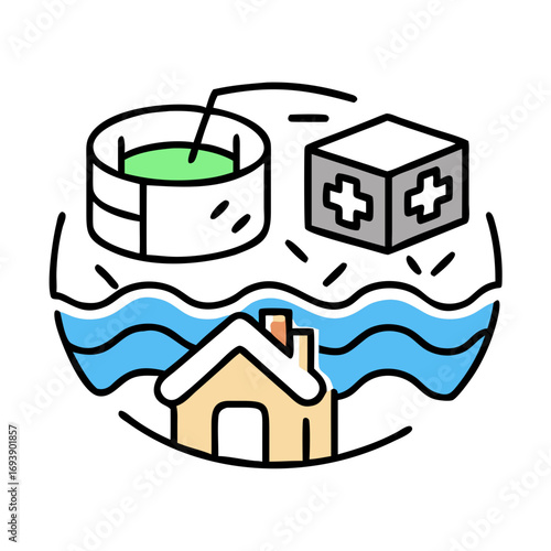 Isolated House Flooding Concept with First Aid and Water Level Visual