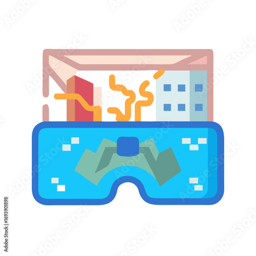 Stylized VR Glasses Displaying a Digital Cityscape and Mountainous Terrain in Augmented Reality