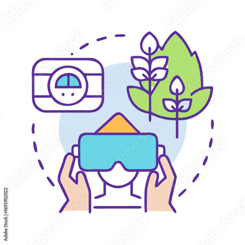 Virtual Reality Agronomy: Person Wearing VR Headset Surrounded by Agricultural Icons on Black Background