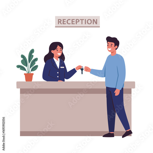 Man receiving room key from hotel receptionist