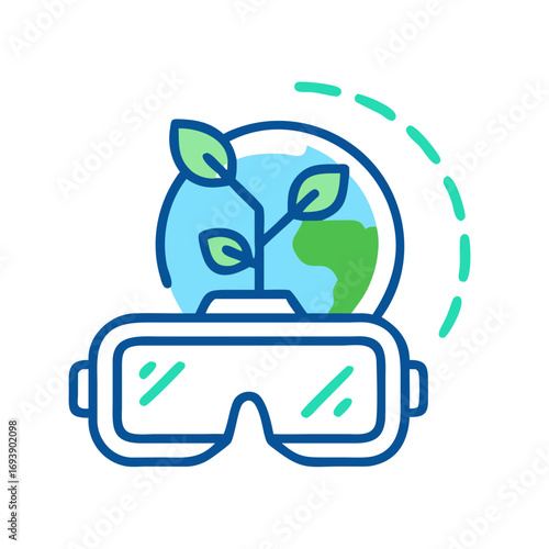 VR headset displaying globe with plant growing, symbolizing sustainable technology and innovation