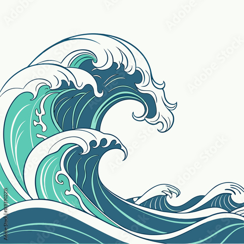 Illustration of ocean waves, capturing the essence of marine life, sea, and the dynamic energy of the water in a vector format