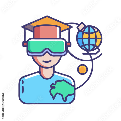 Virtual Reality Education: Student Wearing VR Headset with Global Learning Concept