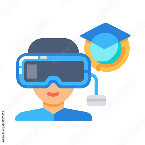 Flat Design Illustration of Person Wearing VR Headset with Graduation Cap Icon