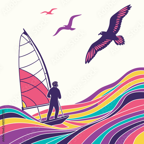A windsurfer sailing on a colorful ocean wave with seagulls flying above, vector illustration of summer sport activity