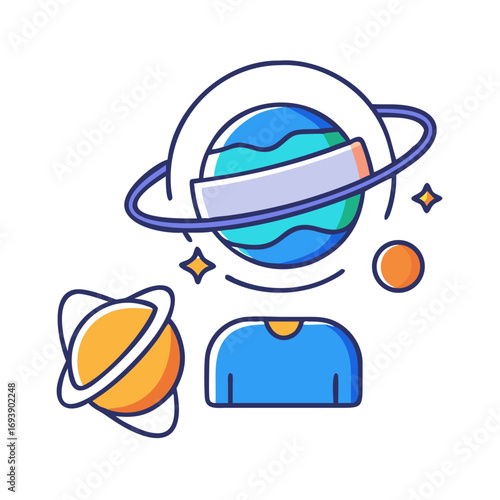 Whimsical Planet Person: Exploring Space with Colorful Iconographic Style Against a Dark Background