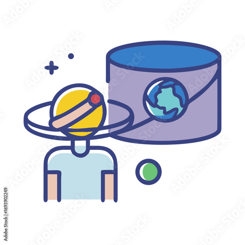 Person with planet head and data storage depicting future tech with black background