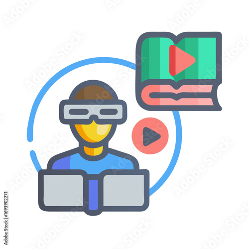 Virtual Reality Learning: Person with VR headset interacting with digital learning content on a screen.