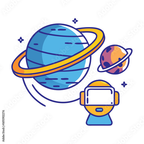 Cartoon space exploration with a virtual reality headset in front of planets and stars