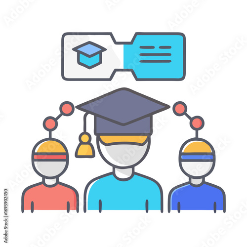 Graduation Ceremony with Graduates and Admission Ticket in Flat Style Illustration