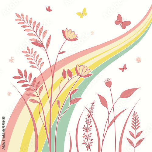 A whimsical illustration featuring a pastel rainbow arching over a field of delicate pink flowers and fluttering butterflies