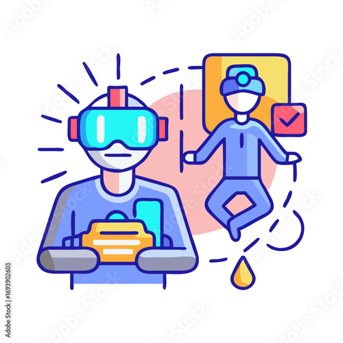 Person using VR headset interacting with a virtual avatar and interface elements in virtual reality