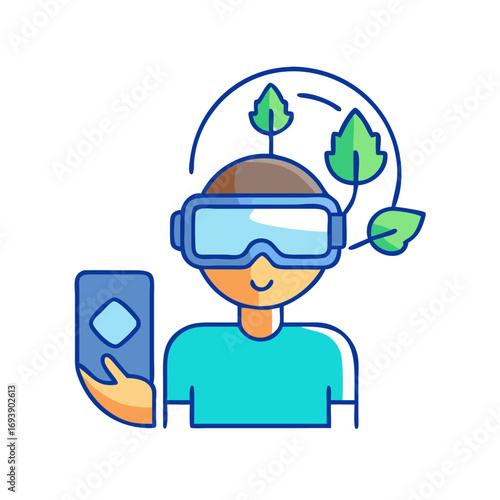 VR headset user interacting with virtual environment concept illustration on black background