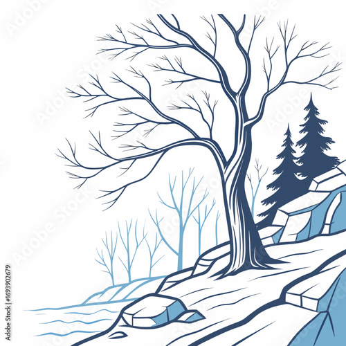 Winter landscape with bare trees and rocky hills a tranquil scene with a minimalist design, evoking a sense of peace and serenity